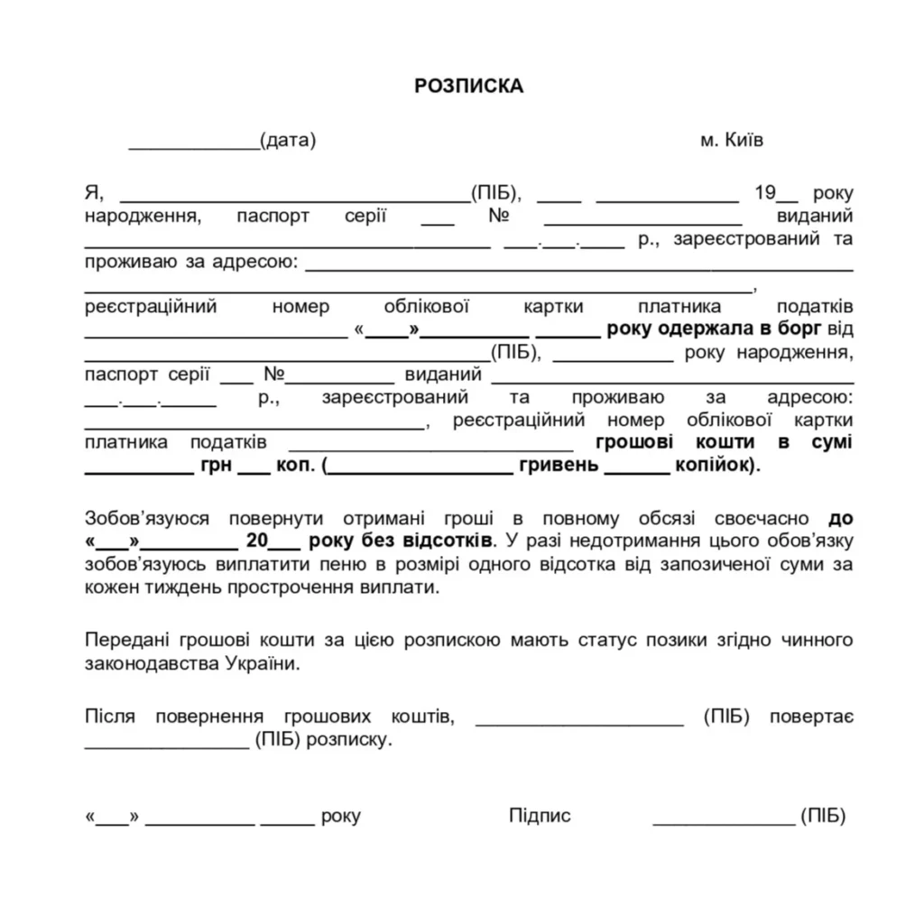 Боргова розписка зразок